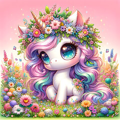 Cute little baby unicorn in a floral crown made of spring flowers. Cartoon character for postcard, birthday, nursery decor.