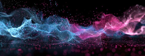 Abstract digital background with blue and pink glowing dots.