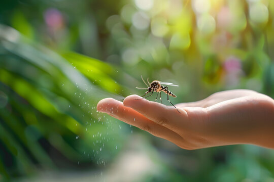 Aedes mosquito and a hand holding repellent spray.