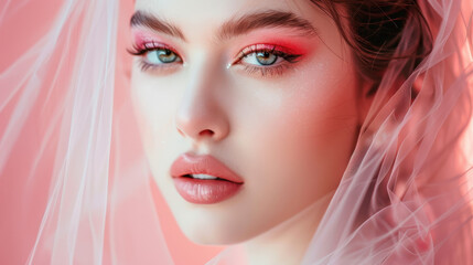 Close-up of woman with vibrant makeup, veil, and pink background, showcasing beauty and femininity