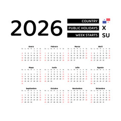 Calendar 2026 Spanish language with Panama public holidays. Week starts from Sunday. Graphic design vector illustration.