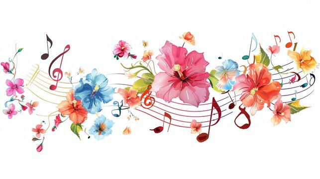 Watercolor floral arrangement with musical notes and a treble clef.