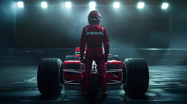 A racing driver against the background of a racing ca