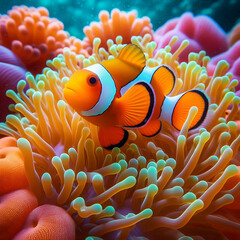 Pez payaso en los tent&aacute;culos de una an&eacute;mona