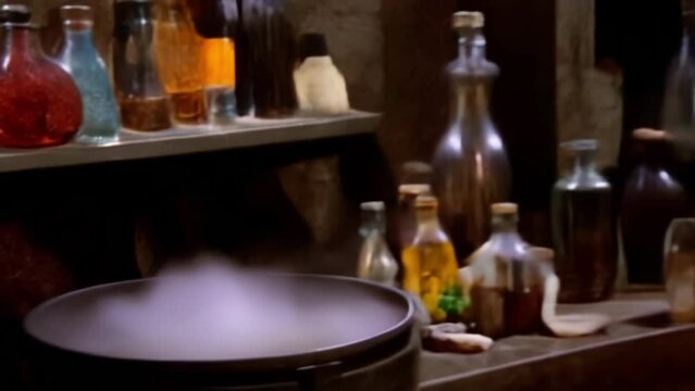 Steaming cauldron in a witch's laboratory with potion bottles. Concept of witchcraft, potion making, magical brewing, mystical setting, fantasy, Halloween.