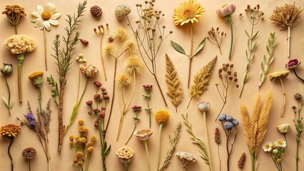 Dried flowers arranged on a beige background in a herbarium setting, dried, flowers, beige, background, herbarium