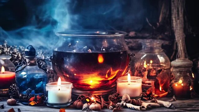 Witch's glass cauldron with lit candles and dried herbs, emitting steam in a dark, mystical setting. Concept of witchcraft, Halloween, potion making, mystical ritual, magic.
