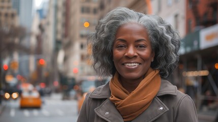 Fototapeta premium Portrait of a beautiful senior African American woman with grey hair walking in the street, wearing business casual attire and smiling at the camera, City background.