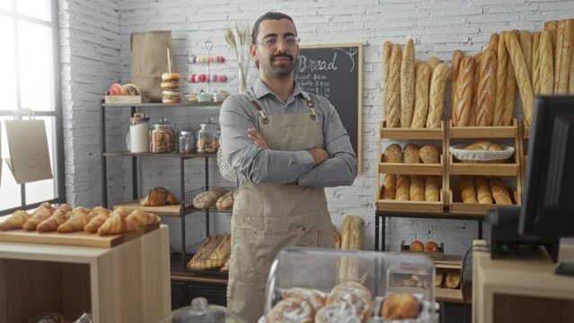 Young male baker standing with arms crossed in an indoor bakery surrounded by various bread types and pastries displayed on shelves