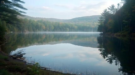 Fototapeta premium Serene Forest-Ringed Lake Reflection Tranquil Setting for Restorative Yoga Practice