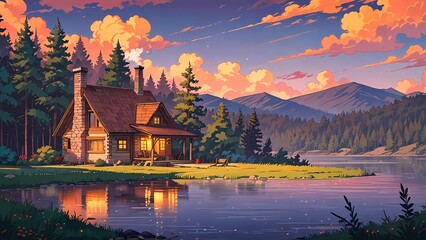 Fototapeta premium A cozy cottage with smoke, in forest , lake reflections, mountains sunset Anime style illustration, anime flat art, background landscape, scene
