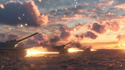 Dramatic Sunset Battlefield with Tanks Firing in Action, Explosions and Smoke in a War Zone