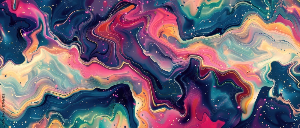Poster a captivating abstract background with fluid art dynamics and geometric shapes in a vibrant, iridesc