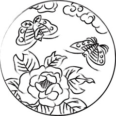 筆書き円形花札　水無月　牡丹　蝶　6月　牡丹に蝶