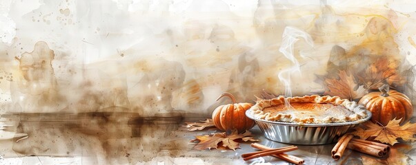 A cozy autumn setting with a steaming pumpkin pie, cinnamon sticks, and fallen leaves, Vintage, Warm tones, Watercolor, High detail