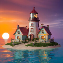 Naklejka premium lighthouse on a small island with cute cottages