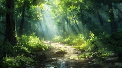 Fototapeta premium A tranquil forest path with sunlight filtering through the trees, illustration background