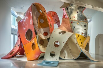 A colorful abstract sculpture with various shapes and holes displayed in a modern gallery.