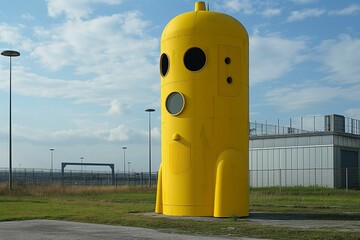 A quirky yellow structure resembling a robot in an industrial area under a blue sky with clouds