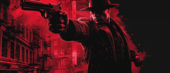 dark and dramatic scene of a gangster aiming a gun in a red and black cityscape background with a noir aesthetic