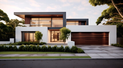 Fototapeta premium a modern style house with two storeys, in the style of light white and dark bronze, pakistan context with front gate and modern facade