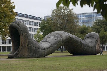 A large abstract sculpture in a park with modern buildings in the background.