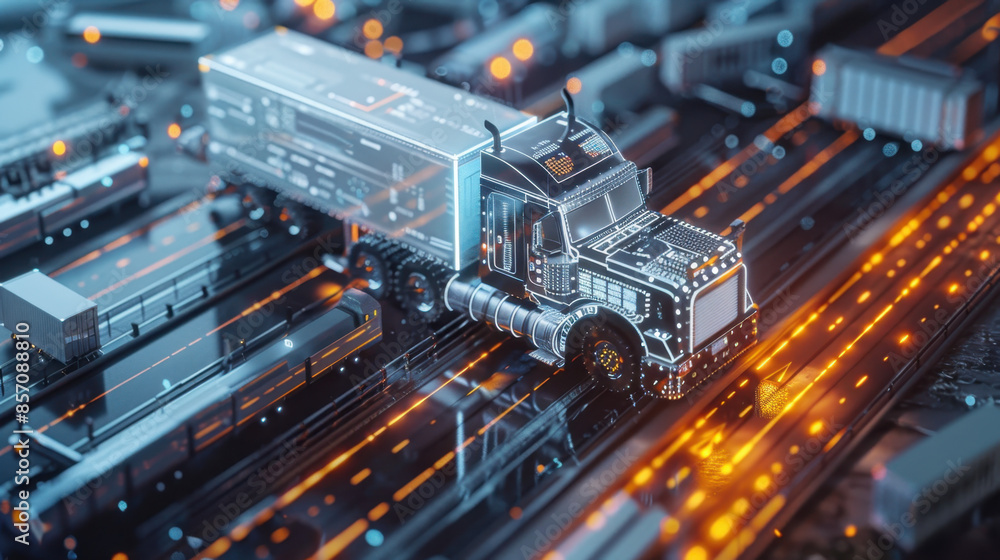 Poster futuristic digital truck on a hi-tech circuit board with glowing data pathways and containers
