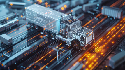 Futuristic digital truck on a hi-tech circuit board with glowing data pathways and containers