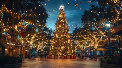 Festive outdoor Christmas tree decorated with lights in a beautifully lit town square at night