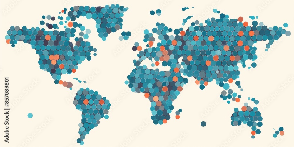 Poster abstract world map composed of colored circles on a light background. aig35.