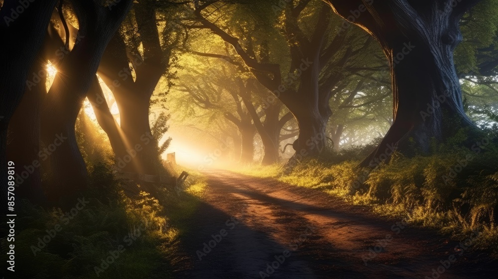 Poster peaceful forest pathway with beam of sunlight filtering through the tree. aig35.