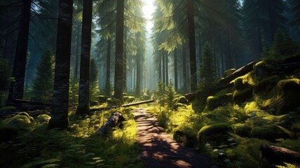 Bright sunlight streaming through a forest path with peaceful atmosphere. AIG35.