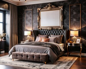 Glamorous Bedroom Empty poster frame above a luxurious bed with velvet bedding and gold accents.