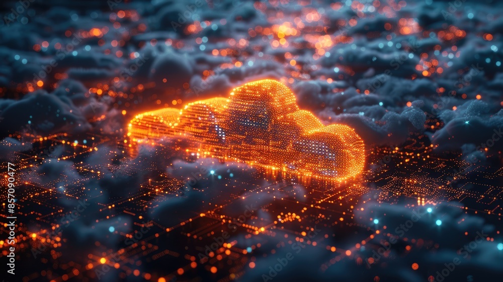 Poster glowing digital cloud with circuits on a dark background. digital art. aig53f.