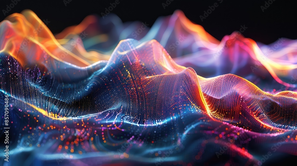 Poster 3d render landscape of vibrant color wave with glow edges on background. aig53f.