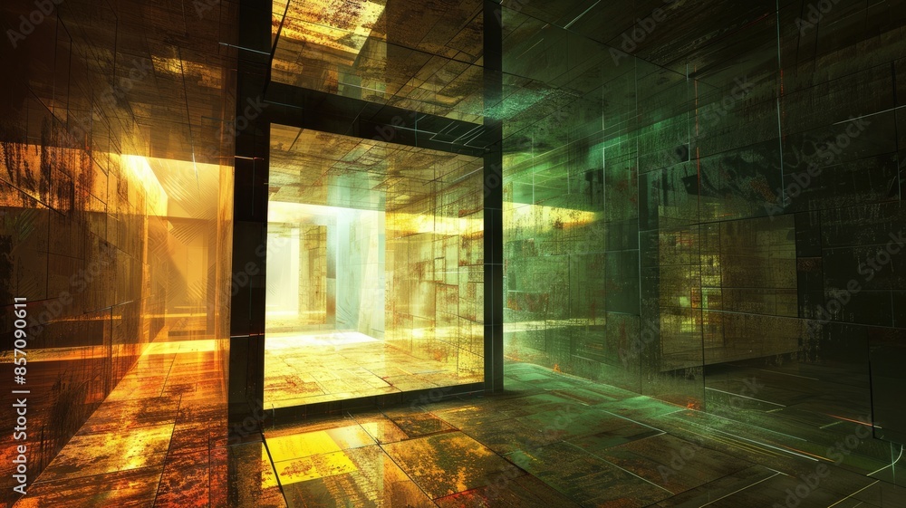 Aufkleber surreal landscape with a reflective cube and digital elements. design. aig53f.