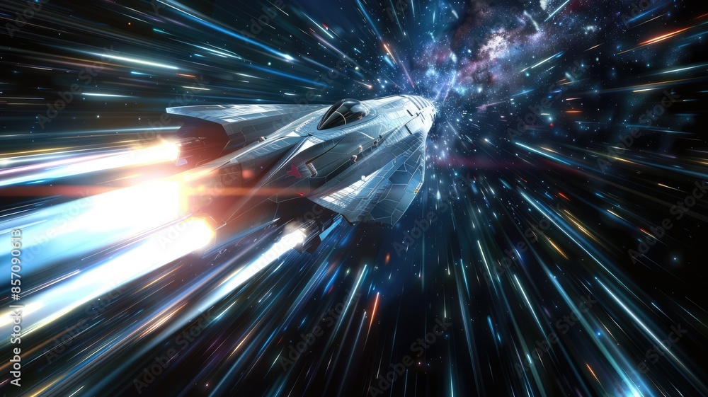 Poster spaceship flying through space with stars and galaxies in the background. aig53f.