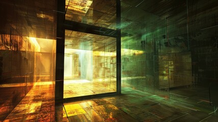 Surreal landscape with a reflective cube and digital elements. Design. AIG53F.