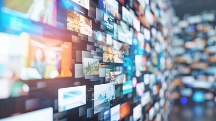 Digital art of display of various media and news thumbnails on a wall. AIG53F.