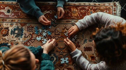 Friends working on a jigsaw puzzle at home, focusing on colorful pieces with teamwork. AIG53M