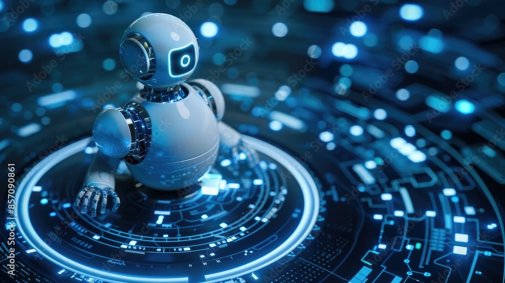Aufkleber ai network with robot, data connections, focused on digital innovation and automation in the future.