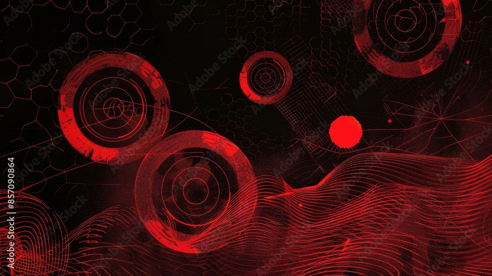 Poster the artwork features vibrant red abstract shapes resembling planets set against a dark backdrop. aig