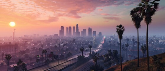 Los Angeles hot sunset view with palm tree and downtown in background