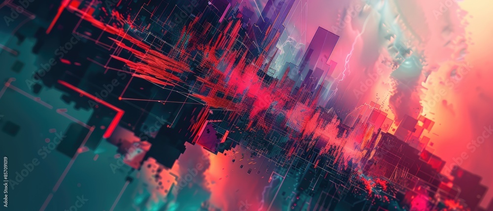 Poster distorted pixels and digital noise converge in a tech glitch aesthetic that's equal parts futuristic