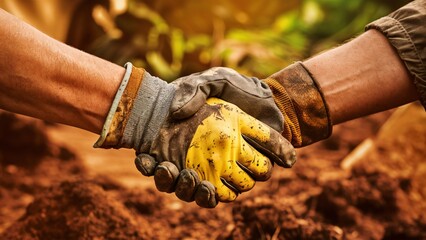 Labor day, A close-up of hands in work gloves shaking hands, symbolizing unity and appreciation for hard