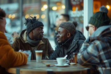 Diverse group of friends savoring coffee in high quality image at a cozy restaurant setting