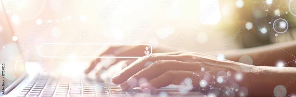 Poster closeup image showing hands typing on a laptop keyboard with stunning bokeh effects aig59