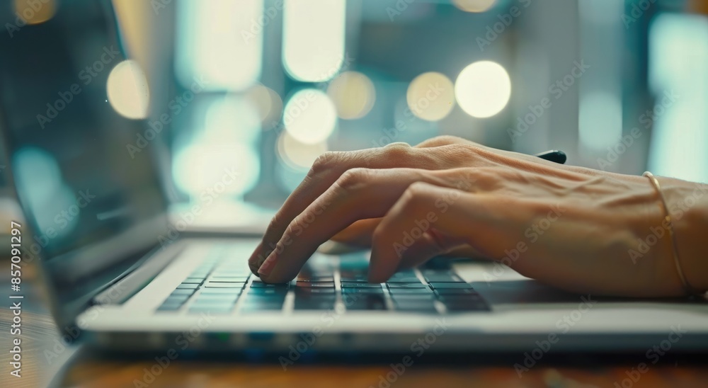Poster closeup of hands editing video on laptop in a vibrant and colorful workspace environment aig59