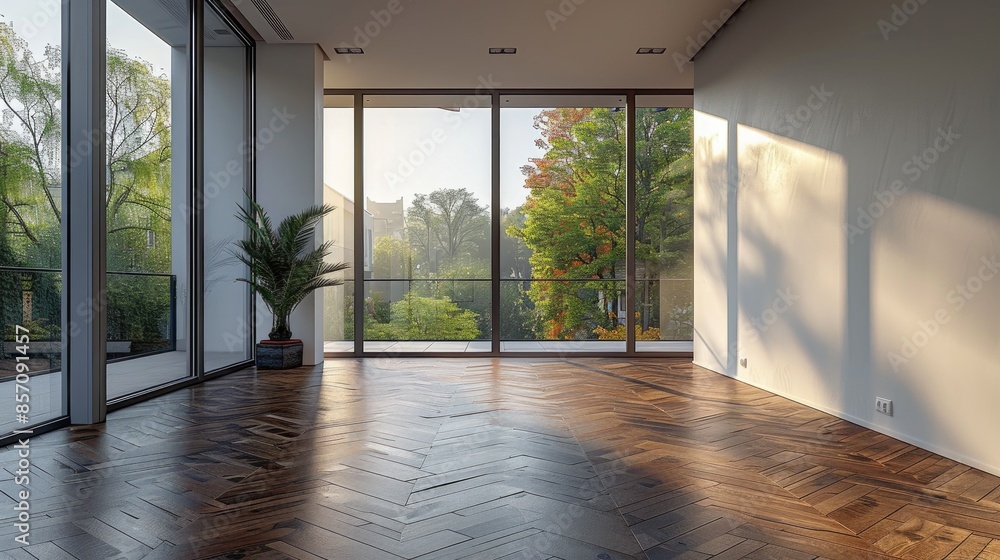 Poster background image of spacious empty room with windows with sun shine. aigt2.