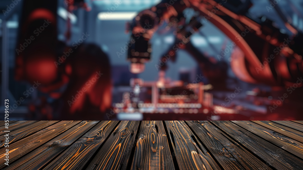 Aufkleber empty wood table top with blur background of factory with robotic arms.